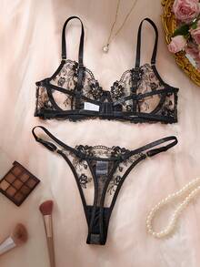 Black Floral Embroidery Sheer Mesh Lingerie Set,Adjustable Thin Strap Underwire Bra Gold Hardware Decor Strappy Matching Thong - Black - View 2