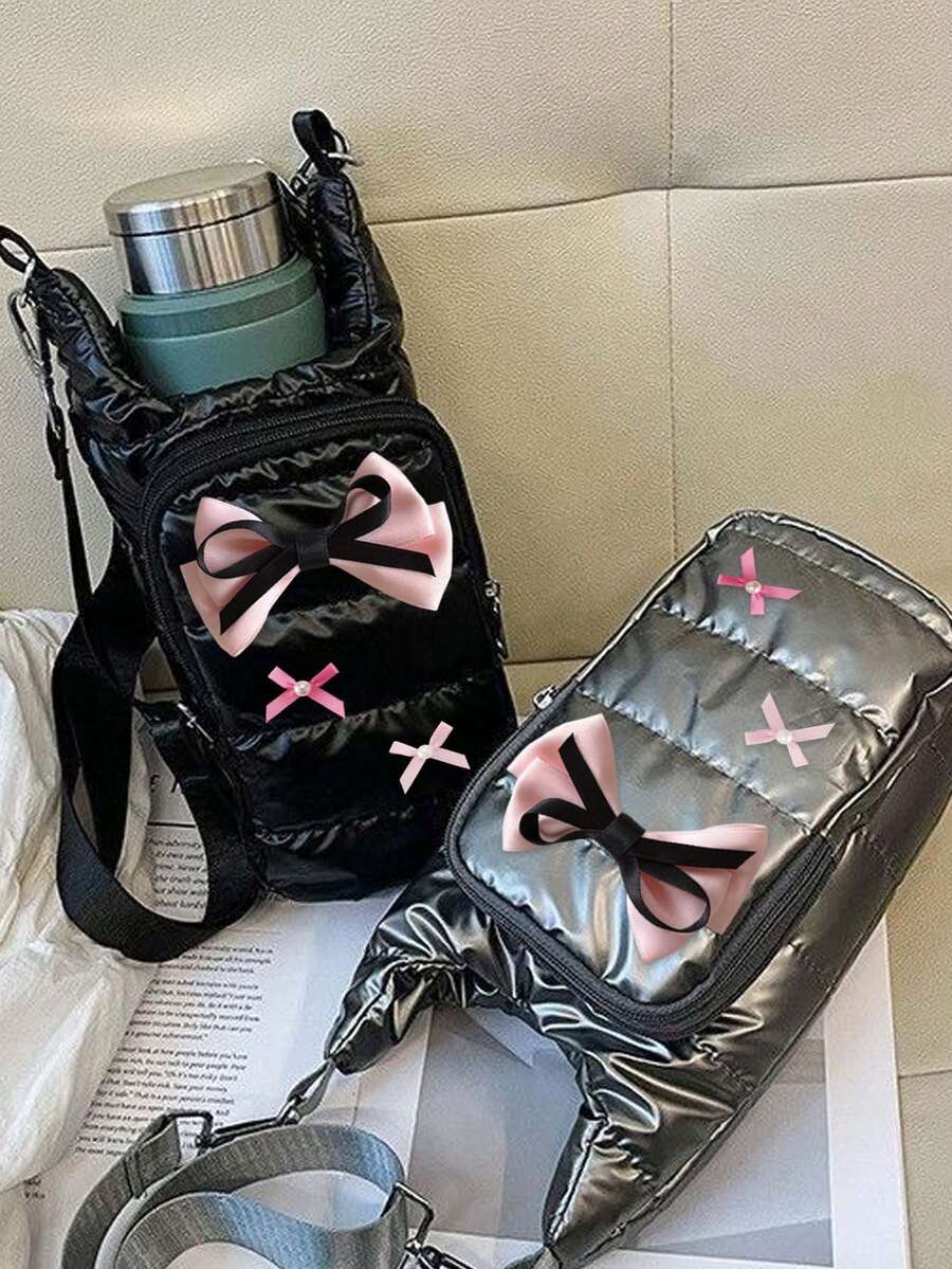 Cute Bow Water Bottle Crossbody Bag, Adjustable Strap Quilted Crossbody Bag, Fashionable Insulated Cup Holder, With Phone And Accessory Pockets