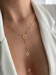 1pc Fashionable 18K Gold Plated Stainless Steel Four-Leaf Flower Bead Tassel Necklace, Minimalist Design Y-Shaped Necklace - Gold - View 1