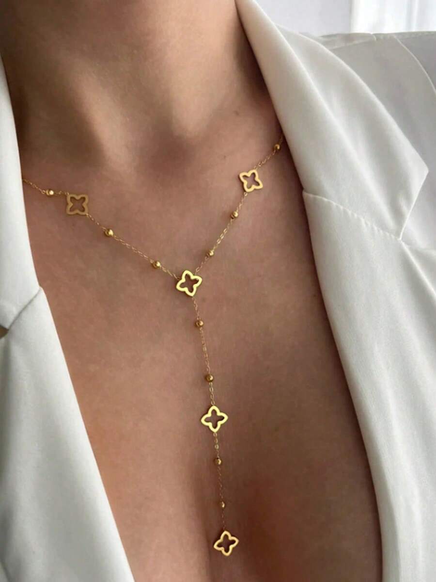 1pc Fashionable 18K Gold Plated Stainless Steel Four-Leaf Flower Bead Tassel Necklace, Minimalist Design Y-Shaped Necklace - Gold - View 1