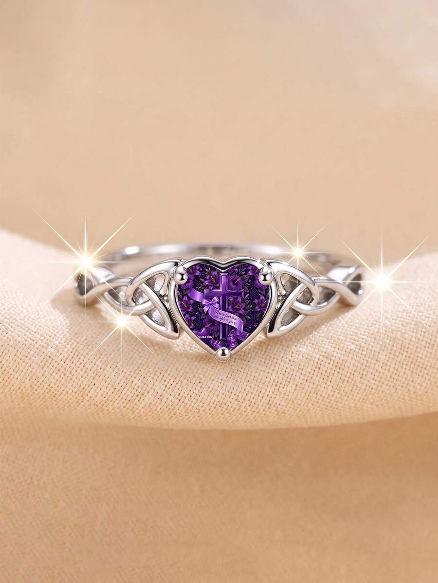 Cincin Hati Salib Kupu-kupu Bunga Ungu, Cincin Wanita Kristen Bertabur Berlian Imitasi Bulan Sabit, Aksesori Keimanan, Cocok Sebagai Hadiah dan Pemakaian Sehari-hari - Perak - View 1