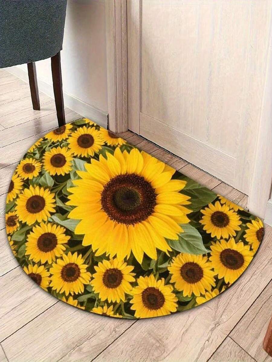 1pc Sunflower Welcome Doormat (Crescent-Shaped/Semi-Circle) – Indoor/Outdoor Mat, Featuring Bright Yellow Sunflower And Green Leaf Design; Durable, Suitable For Entryway, Porch And Front Door – Easy To Clean Gift Mat
