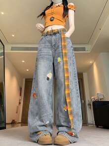 Cartoon Embroidered Plaid Belt Loose Wide Leg Curved Hem Jeans Casual Fall - Blue - View 7