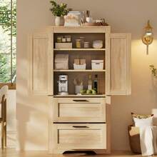 Country-Style Kitchen Cabinet With Two Drawers And Adjustable Shelves, Barn Door Design, Suitable As Storage For Kitchen, Dining Room, And Living Room, Natural Wood Color - 查看 3