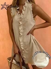Sea Starshine New Arrival Khaki Linen Ruffle Hem Sleeveless Dress Elegant Summer - Khaki - View 3