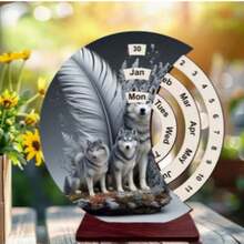 Wolf Husky Print Rotating Wooden Perpetual Desk Calendar, Crescent Shaped Forever Calendar With Dark Red Wood Base, Adjustable Month Date Week Animal Pattern Desktop Decor Ornament, Back To School Home Office Table Gift - A - View 1