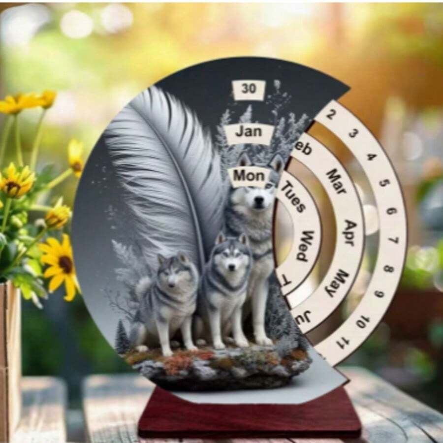 Wolf Husky Print Rotating Wooden Perpetual Desk Calendar, Crescent Shaped Forever Calendar With Dark Red Wood Base, Adjustable Month Date Week Animal Pattern Desktop Decor Ornament, Back To School Home Office Table Gift - A - View 1