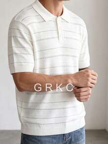 GRKC Men's Commuter Style Knitted Polo Shirt, Polo Collar Short Sleeve Knitted Loose Fit Short Sleeve Knitted Polo, Spring/Summer Outfit - White - View 4