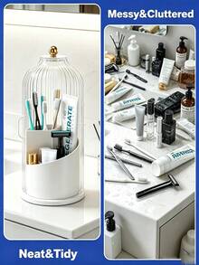 360° Rotating Dust-Proof Makeup Brush Holder With Lid, Rotating Desktop Cosmetic And Skincare Storage Box, Fashionable Elegant Small Space Makeup Vanity Organizer, Daily Multi-Purpose Beauty Tool Storage Bucket, Perfect Home Storage Solution, Thoughtful Gift, Makeup Organizer, Room Decor - Multicolor - View 6