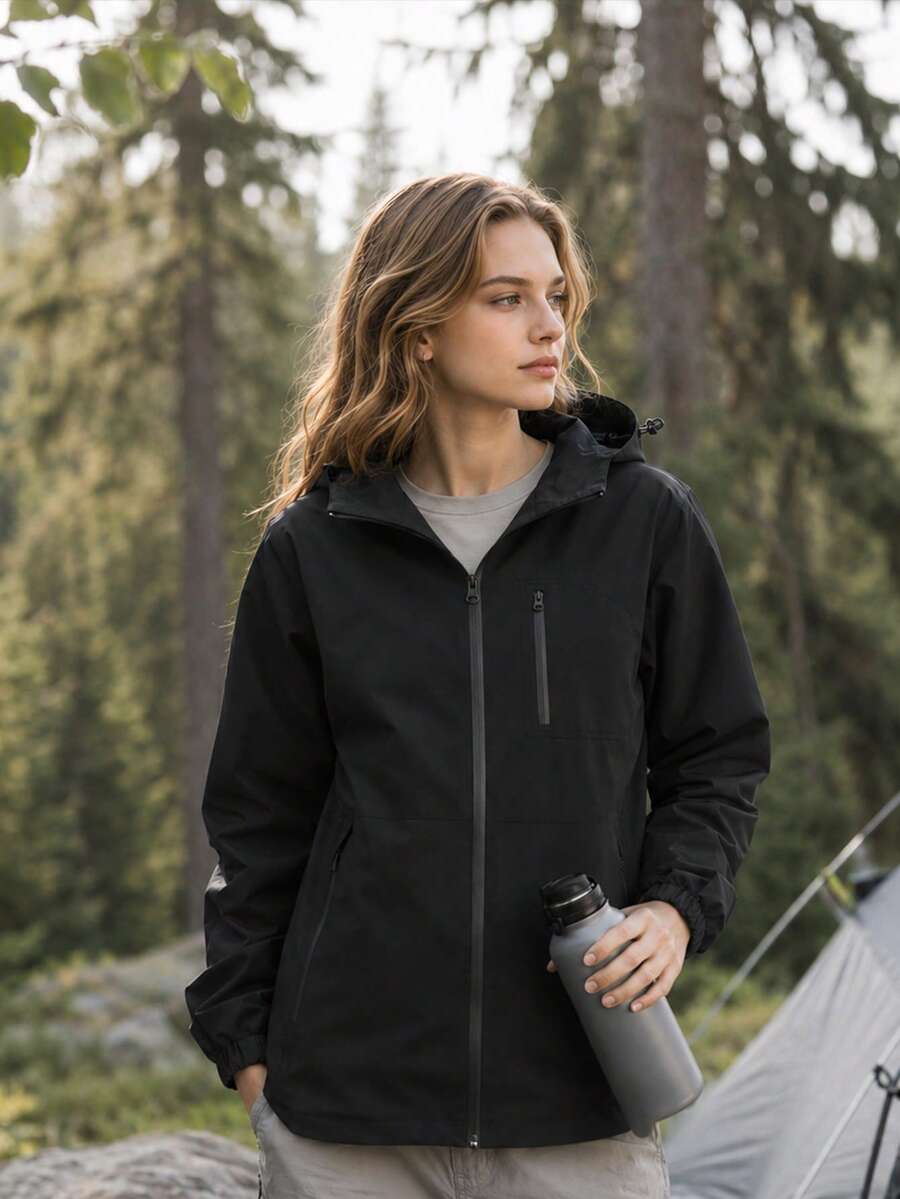 Women's Solid Color Hooded Jacket With Single Chest Vertical Zipper Pocket, Segmented Horizontal Cut Body, Forest Camp Zipper Jacket - Black - View 1