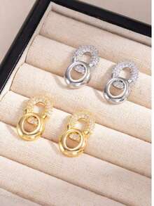 Light Luxury Double Ring Rhinestone Earrings, High-End Geometric Hollow Stud Earrings, Versatile Commuter Style Elegant Ear Jewelry For Women - Double Hoop Earrings - View 2