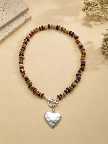 1pc Maillard Earth Tone Mixed Flat Stone Beaded Necklace With Hammered Textured Metal Heart Pendant, Warm Tone Natural Stone Accessory For Women, OT Clasp Design, Suitable For Casual Wear, Stone Shape, Size, Quantity And Color Arrangement Are Random - Multicolor - View 2