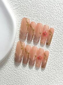 10件裝溫柔優雅風手工穿戴甲，Polygel美甲套組，手繪花卉圖案，紅金配色，奢華風格，含美甲工具，3種尺寸可選，杏仁/鴨嘴/棺材形，適合派對、跳舞、日常配戴 - 彩色 - 查看 19