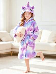 Tween Girl Purple Starry Sky Unicorn Long Sleeve Hooded Pajamas Bathrobe - Multicolor - View 8