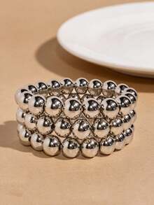 3pcs/Set Silver Beaded Elastic Bracelets Minimalist Layered Bangles Everyday Versatile Jewelry Gift - one-size - View 4