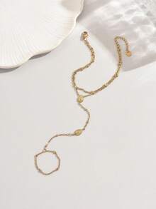 1PC Women's Gold Stainless Steel Double Layer Beaded Water Drop Rhinestone Finger Chain Hand Back Jewelry Fashion 18K Gold Plated - Gold - View 2