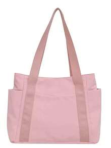 Unisex Casual Shoulder Bag, Large Capacity Tote Bag, Student Backpack, Solid Color Shoulder Bag, Gym Bag, Travel Bag, Suitable For School And Work Use - Pink - View 7