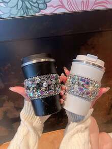 1PC Fashionable High-End Sparkling Rhinestone Coffee Cup, Stainless Steel Insulated Tumbler With Straw For Office, Travel, Home, Car, Flat Bottom, Coffee Mug, Rhinestone Water Bottle, Tumbler - Multicolor - View 8