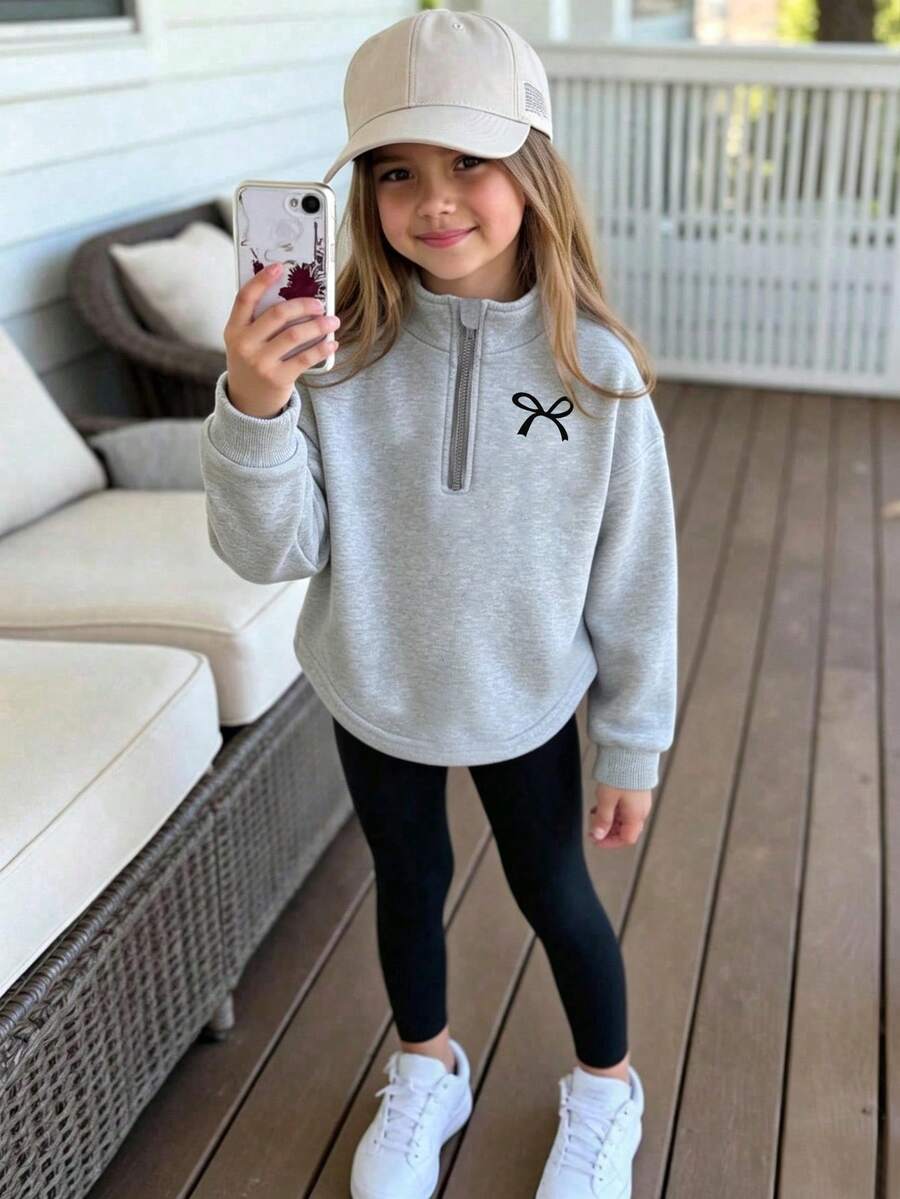 Young Girl Bow Pattern Print Half-Chest Stand Collar Long Sleeve Top ...