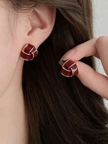 3 Pairs French Vintage Geometric Heart Enamel Stud Earrings Set, Suitable For Women's Daily Commute And Holiday Wear - Burgundy - View 7