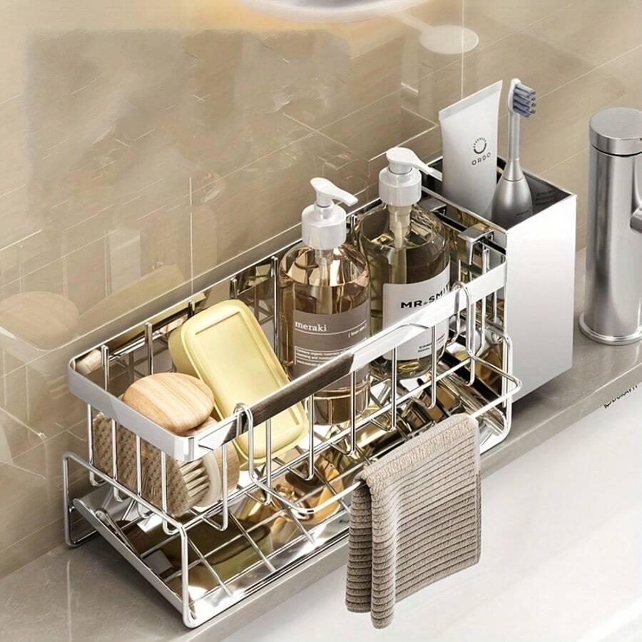 Kitchen Sink Sponge Drain Rack, No-Drill Towel Rack, Multi-Functional Plastic Storage Rack For Sponges, Soap And Brushes, Kitchen Accessories