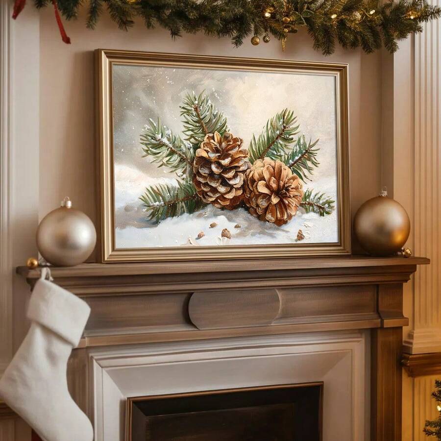 1pc Framed/Unframed Snowy Pine Cone Christmas Vintage Poster Festival Cozy Wall Art Canvas Print Nordic Winter Xmas Holiday Botanical Country Farmhouse Aesthetic Decor Retro Rustic Painting For Apartment,Living Room,Bedroom,Modern Home Decoration - A - View 1