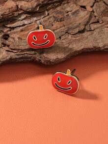 1 Pair Halloween Red Pumpkin Lantern Earrings, Funny Smiling Cartoon Pumpkin Ear Studs, Daily Wear Jewelry - Orange - View 4