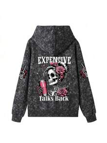 1 buah Sweatshirt Hoodie Longgar Wanita Warna Hitam dengan Motif Tengkorak dan Mawar di Bagian Belakang dan Lengan, Motif Pembicaraan Mahal di Belakang, Sweatshirt Streetwear - Hitam - View 4