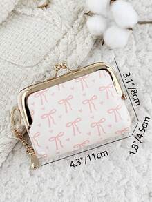 Fashionable Bow Print Zipper Credit Card Holder With Chain Keychain, Multi-Compartment Design, Suitable For Travel - White - View 11