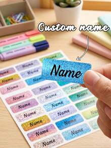 60pcs Customized Name Stickers, Glitter Rainbow Waterproof Long Name Stickers - Printed Labels - Long Size - Customized Labels - Hand Printed - Multicolor - View 9