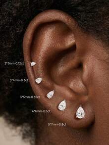 EleRunis 1pc 0.12-0.8ct Pear Moissanite Halo 925 Sterling Silver Hypoallergenic Flat Back Spiral Thread Piercing Earrings, Unisex, Suitable For Daily Wear And Wedding - Silver - View 8