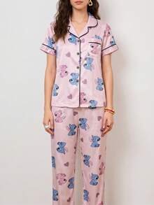 Disney 2-Piece Set Printed Casual Versatile Short Sleeve Button-Front Top Elastic Waist Long Pants Women's Pajama Set Suitable For All Seasons Home Wear - Pink - View 5