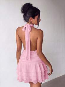 Elegante vestido mini con cuello halter, espalda descubierta y bajo con volantes en capas, color rosa - Rosa - Ver 9