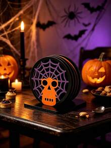 6pcs/1set Halloween Wooden Coasters With Base, 4 Styles Pumpkin Lantern Ghost Cat Skull Spider Web Coaster Set, Desktop Decor Drink Coasters, Farmhouse Style Halloween Home Kitchen Bar Decor - Multicolor - View 3