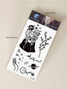 1pc Black Aesthetic Universe Planet Girl Pattern Temporary Tattoo Sticker For Party Gift, Holiday Gift, Concert, Arm, Shoulder, Neck, Collarbone, Waterproof Body Skin Tattoo - Black - View 6