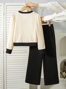 Girls' Casual Fashion Colorblock V-Neck Bow Decor Long Sleeve Cardigan And Straight Leg Pants 2-Piece Set, Spring/Autumn - Apricot - View 3