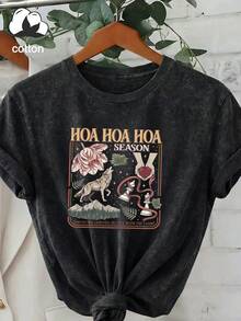 Plus Size Women's Daily Twilight Wolf & Floral Print Crew Neck Short Sleeve Casual T-Shirt Top, Spring Summer Autumn Vacation Outfit Black - Black - View 4
