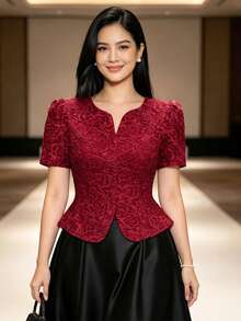 Emilee 现代菲律宾风格女式上衣，蝴蝶袖荷叶边优雅泡泡袖红色衬衫 - 紅色 - 查看 1