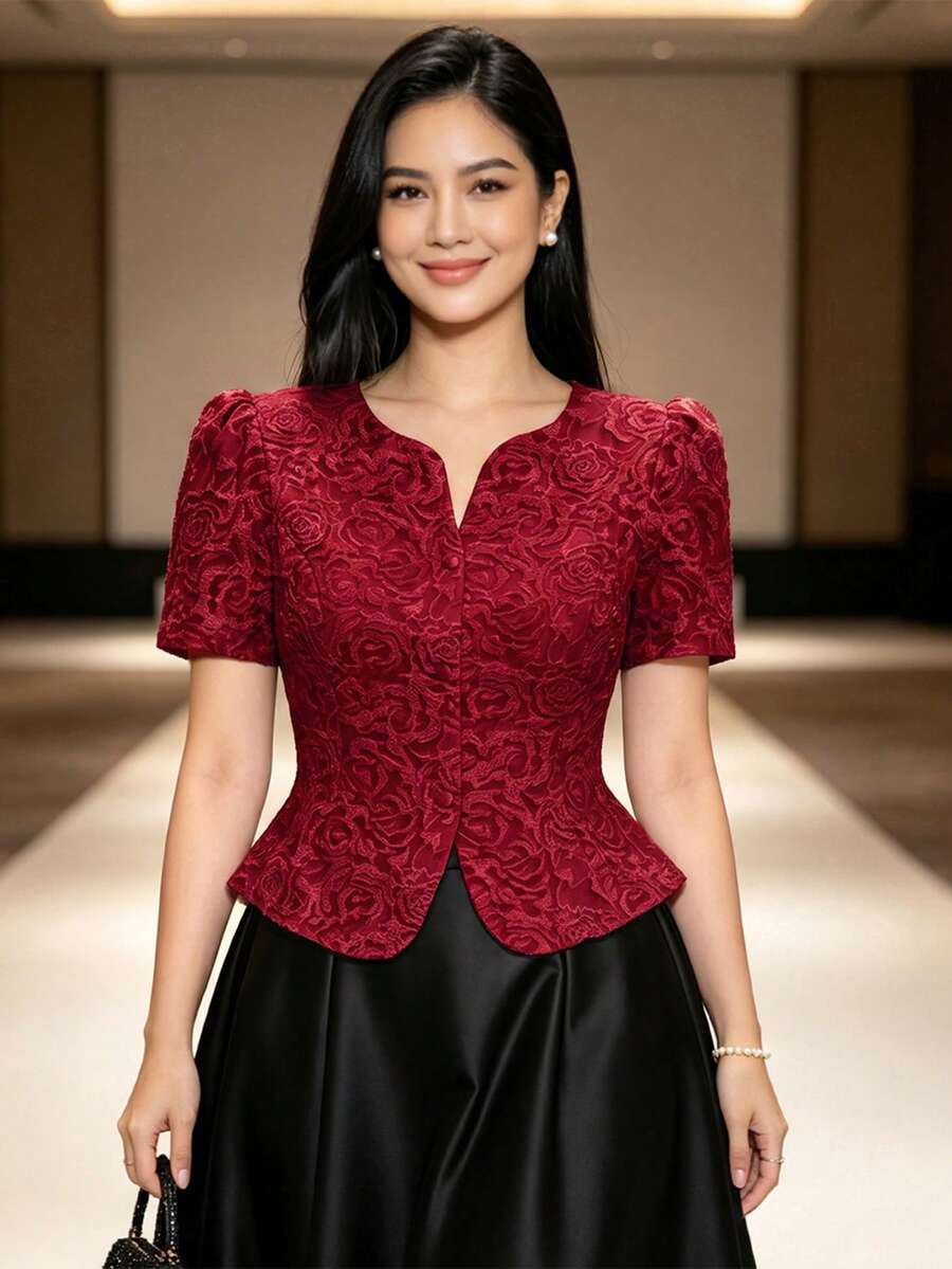 Emilee 现代菲律宾风格女式上衣,蝴蝶袖荷叶边优雅泡泡袖红色衬衫 - 紅色 - 查看 1