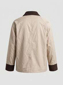 Corduroy Trim Detail Jacket, Classic Earth Tone Overshirt For Chic Street Style - Apricot - View 10