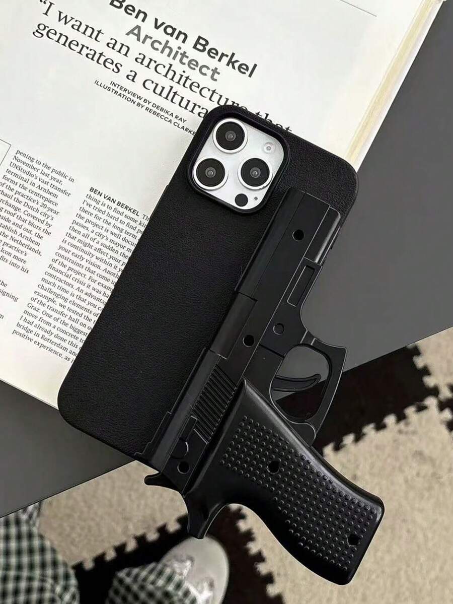 Casing Ponsel Anti Jatuh dan Anti Sidik Jari Desain Pistol Mainan Lucu Kreatif Terbaru, Pelindung Penuh, Kompatibel dengan Apple 11/12/13/14/15/16 PRO/PROMAX - Hitam - View 1