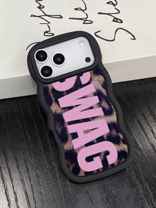 1pc Y2K American Vintage Leopard Print SWAG Large Letter Wavy Edge Matte Black Phone Case, Ins Hip-Hop Street Style Pattern - Black - View 4