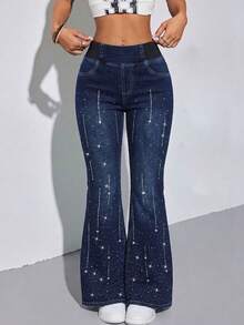 Y2K Flared Jeans - Women's Solid Color High-Waist Slim-Fit Slimming Stretch Casual Versatile Streetwear. - Navy Blue - View 7
