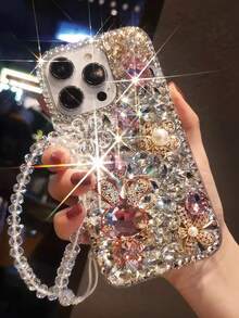 Fashionable Shiny Crystal Rabbit Metal Pearl Carved Phone Case With Crystal Lanyard Anti-Drop Protective Cover Compatible With IPhone And Phones - Multicolor - View 2