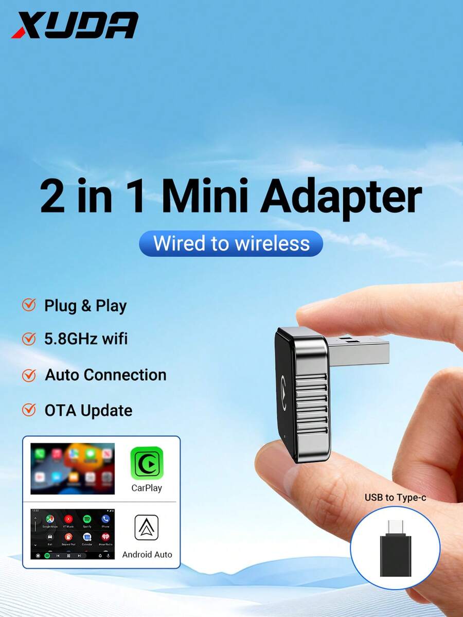 XUDA 新版 CarPlay AI Box Mini Superbox 有線轉無線,無線 CarPlay 與 Android 2 合 1 功能,支援 2.4-5.0 GHz WiFi 5,相容 99% 配備有線 CarPlay 與 Android 的車輛 - A - 查看 1
