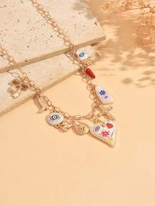 1pc Energetic Heart Eye Bow Multi-Element Pendant Necklace, Fashionable Versatile Women's Neck Jewelry Suitable For Daily Wear And Beach Outings - Multicolor - View 3