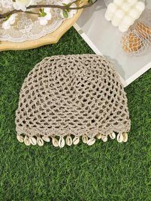 1pc Boho Hollow Crochet Hair Cap With Natural Cowrie Shell Tassels,Women Mesh Knit Turban Hat,Suitable For Everyday Outings Head Vacation For Beach - Multicolor - View 12