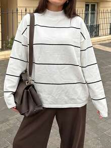 Live To Mo Women's Casual Striped Small Stand Collar Knit Top, Loose Drop Shoulder Long Sleeve Sweater, Suitable For Autumn Back To School, Daily And Outing Wear - Black and White Stripes - View 3