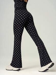 UONNOU 2pcs Polka Dot Square Neck Criss-Cross Strap Tank Top + Criss-Cross Waist Flare Pants Sports Set - Black - View 4