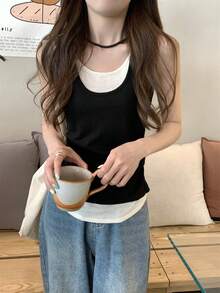 拼接撞色 2合1/解構街頭風女款夏季上衣休閒黑色 - 黑色 - 查看 2